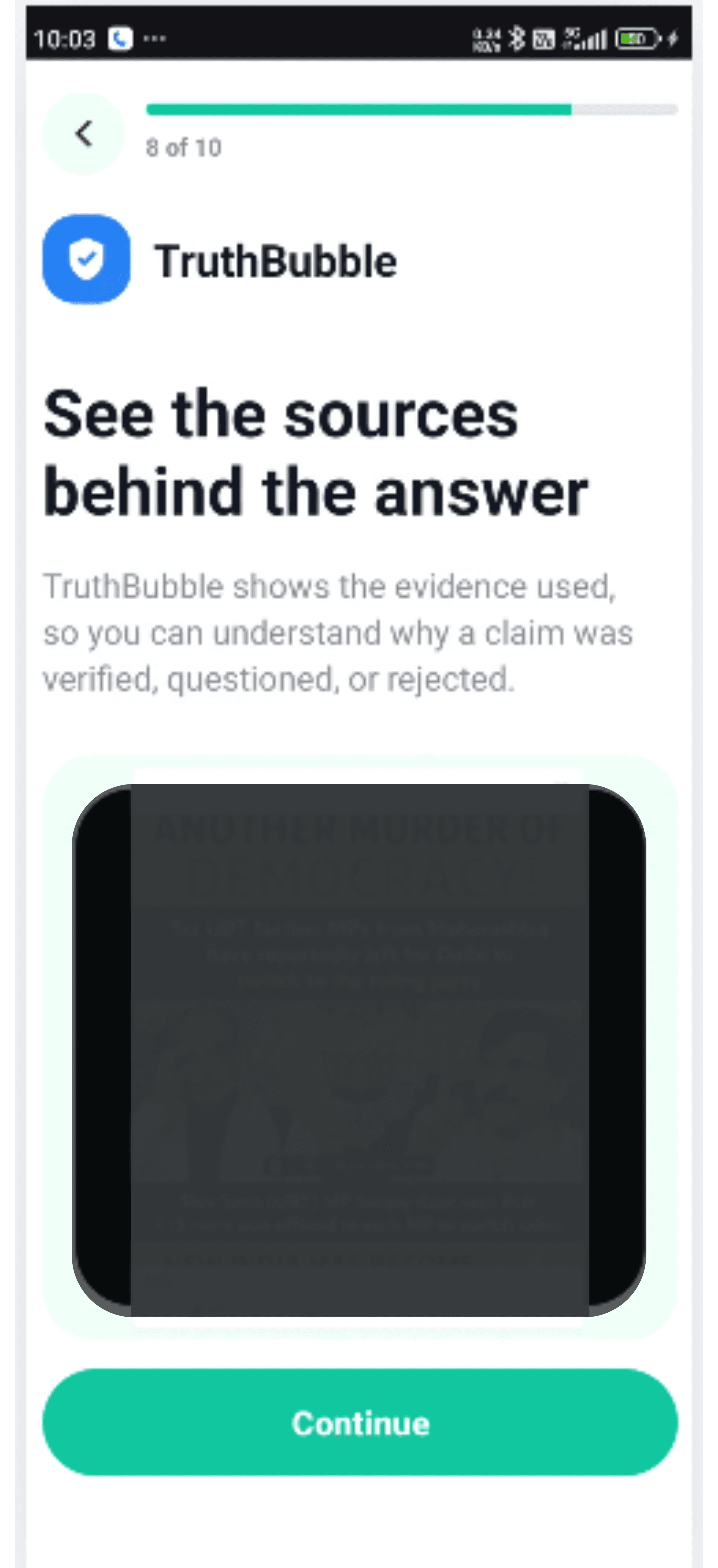 TruthBubble onboarding screen explaining source-backed answers.